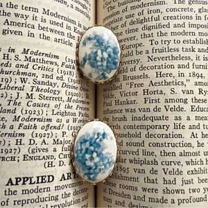 Vintage Clip On Blue Flower Gold Trim Earrings